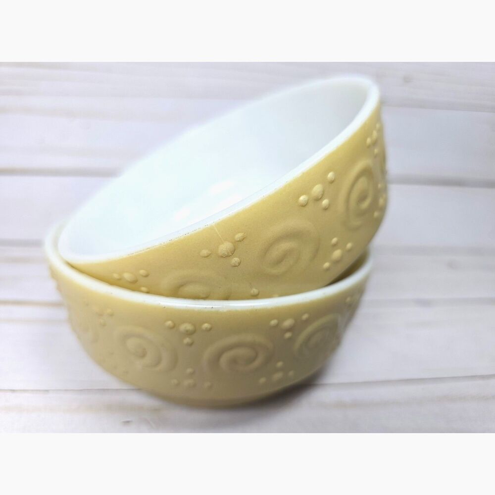 Vtg Milk Glass Berry Bowls Set 2 Textured Scroll Dot Mustard Gold 5" MCM
